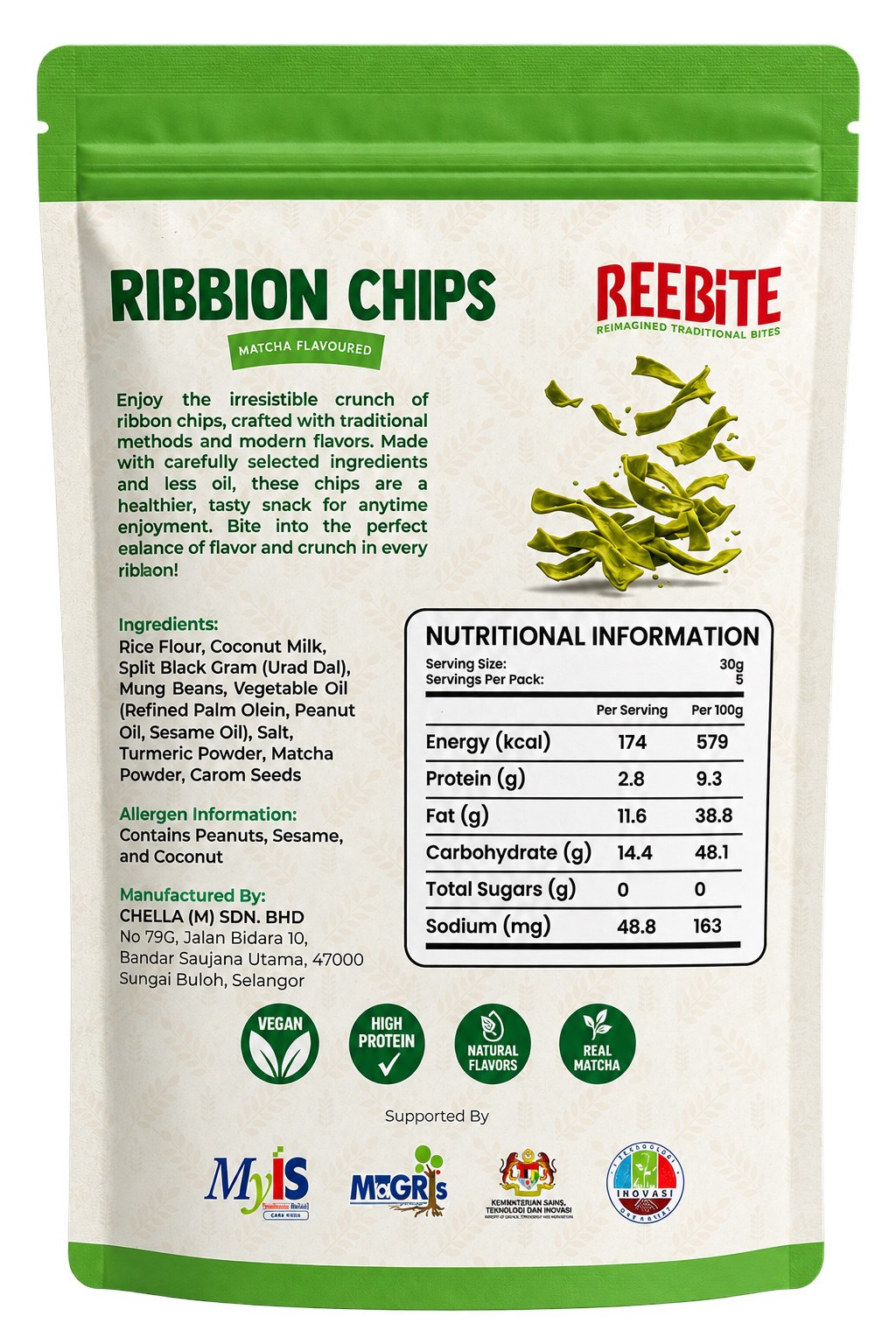 Back of the REEBITE Matcha Ribbon Chips pack