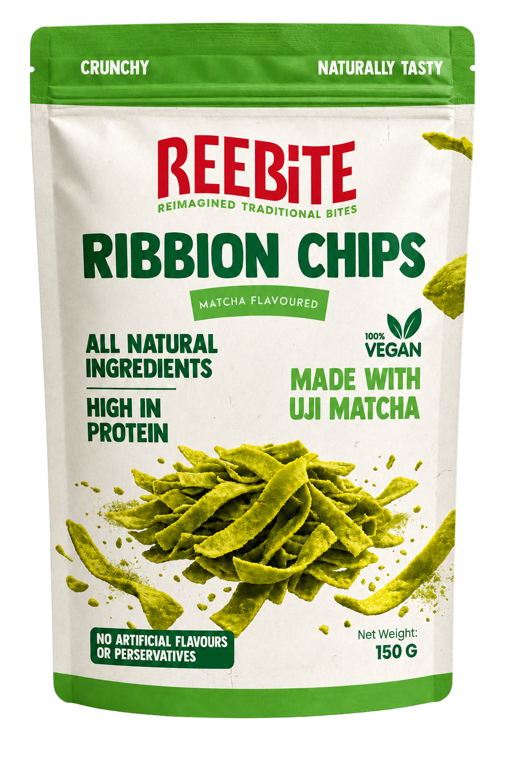 Front of a REEBITE Matcha Ribbon Chips pack